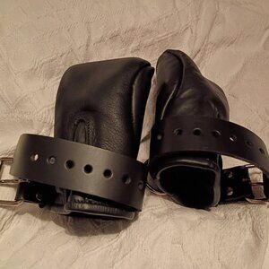 Strict leather petplay bondage mittens